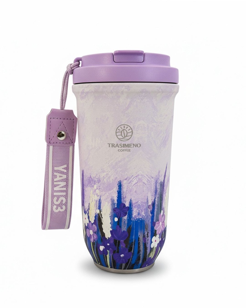 White cup with purple floral design 600ml