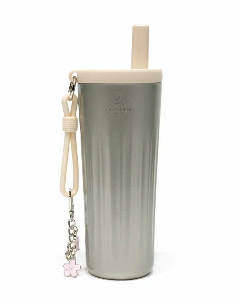 [TMP-000249] Stainless steel silver cup with beige lid 550 ml